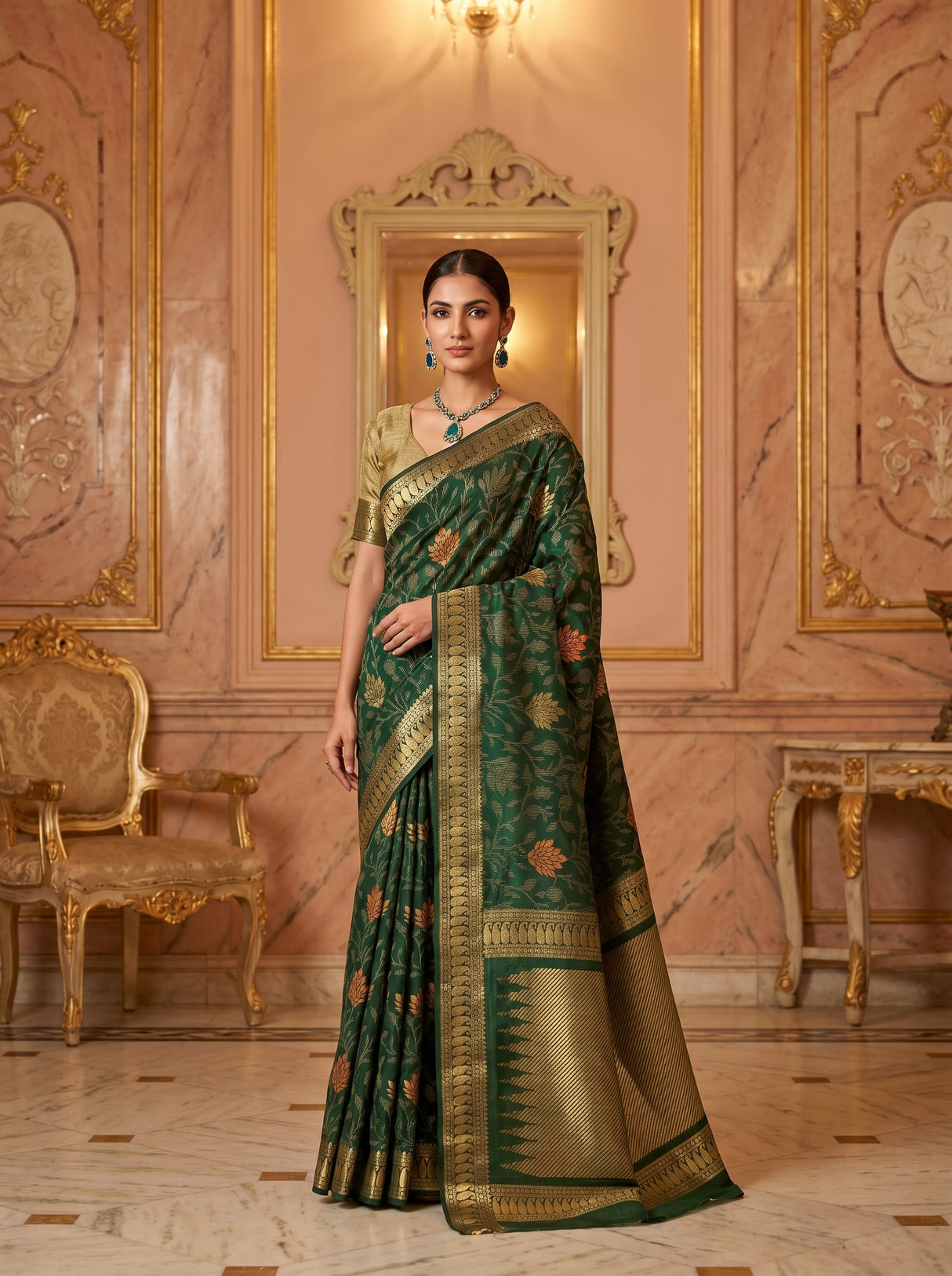 MIMOSA Green Banarasi Art Silk Saree — Lifestyle Pose