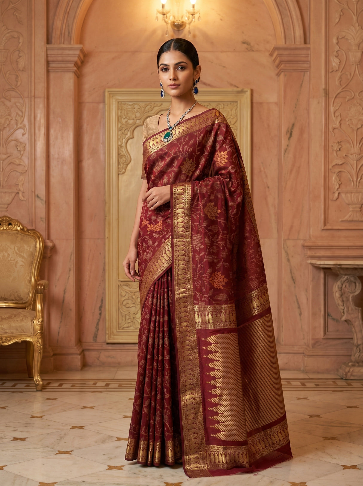 MIMOSA Maroon Banarasi Art Silk Saree — Draped Mannequin View