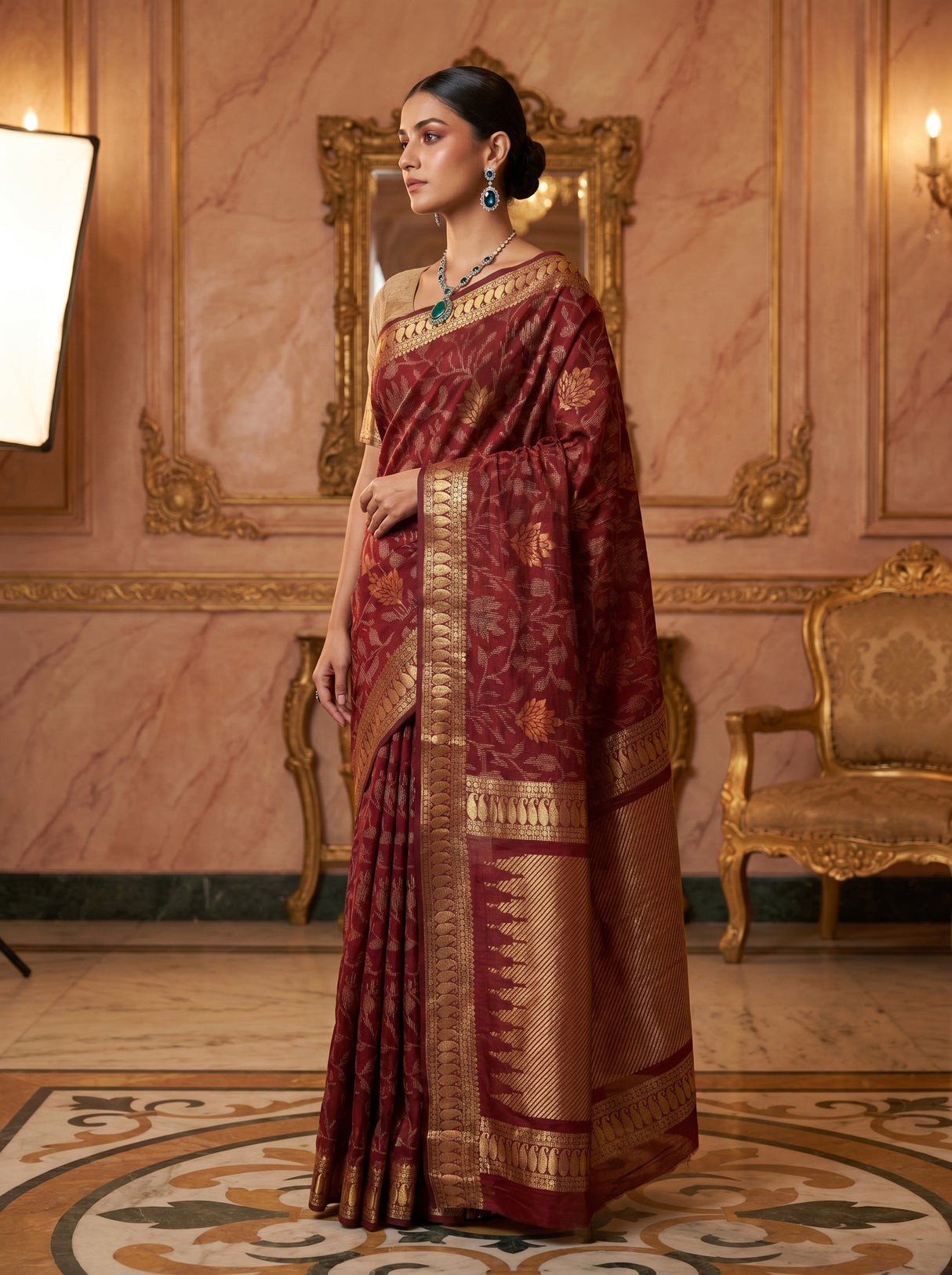 MIMOSA Maroon Banarasi Art Silk Saree — Lifestyle Pose