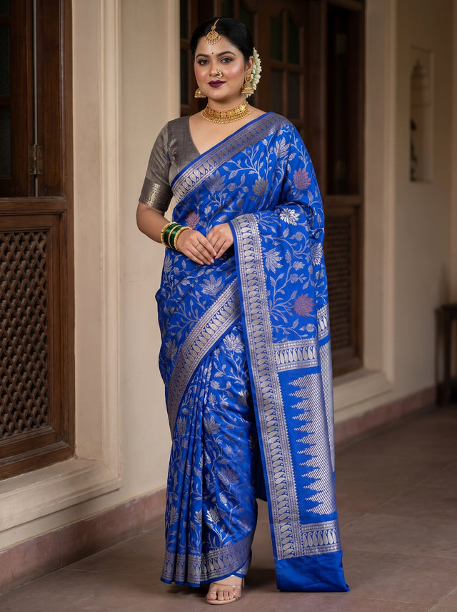 MIMOSA Royal Blue Banarasi Art Silk Saree — Draped Mannequin View