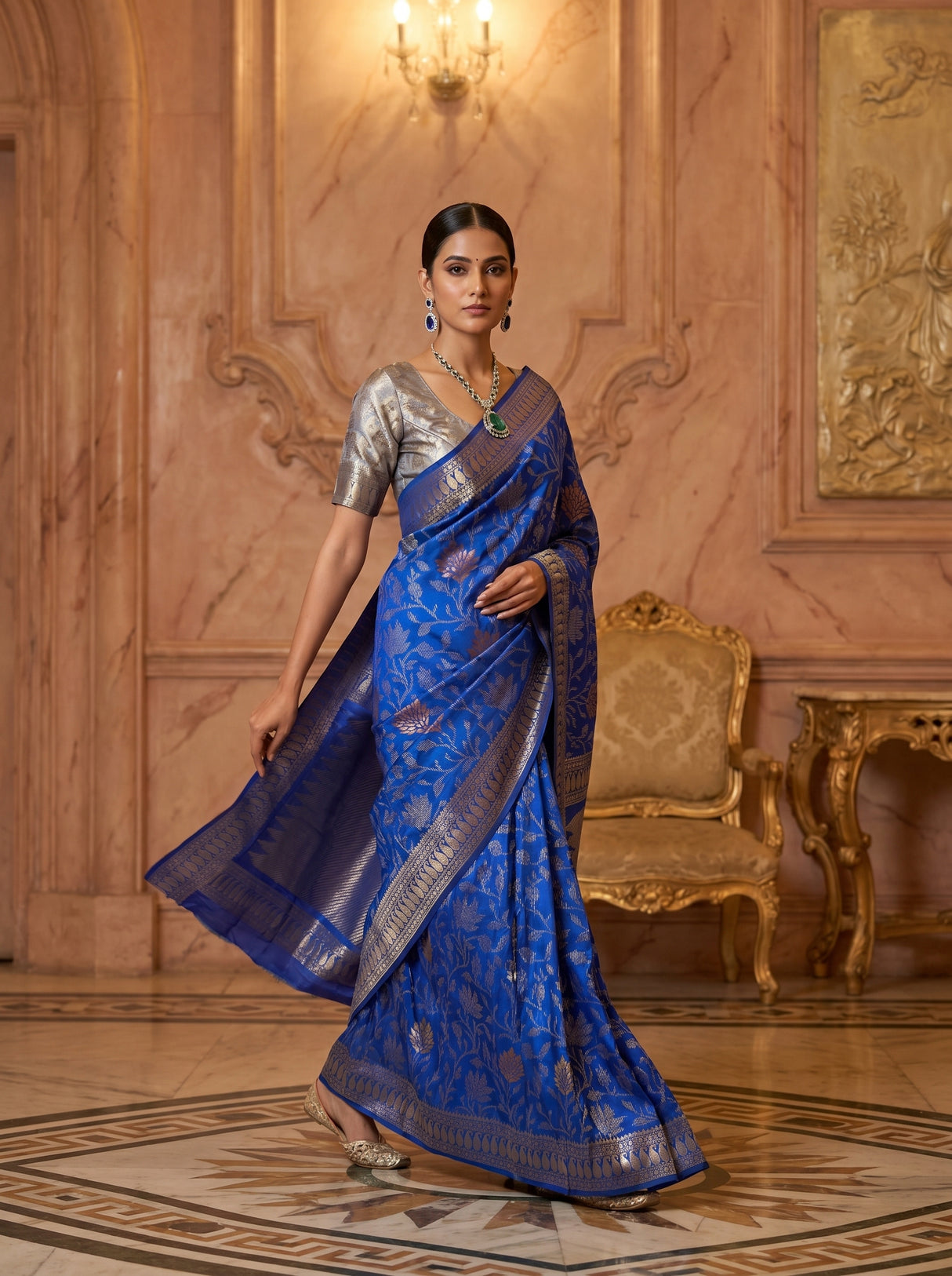MIMOSA Royal Blue Banarasi Art Silk Saree — Lifestyle Pose