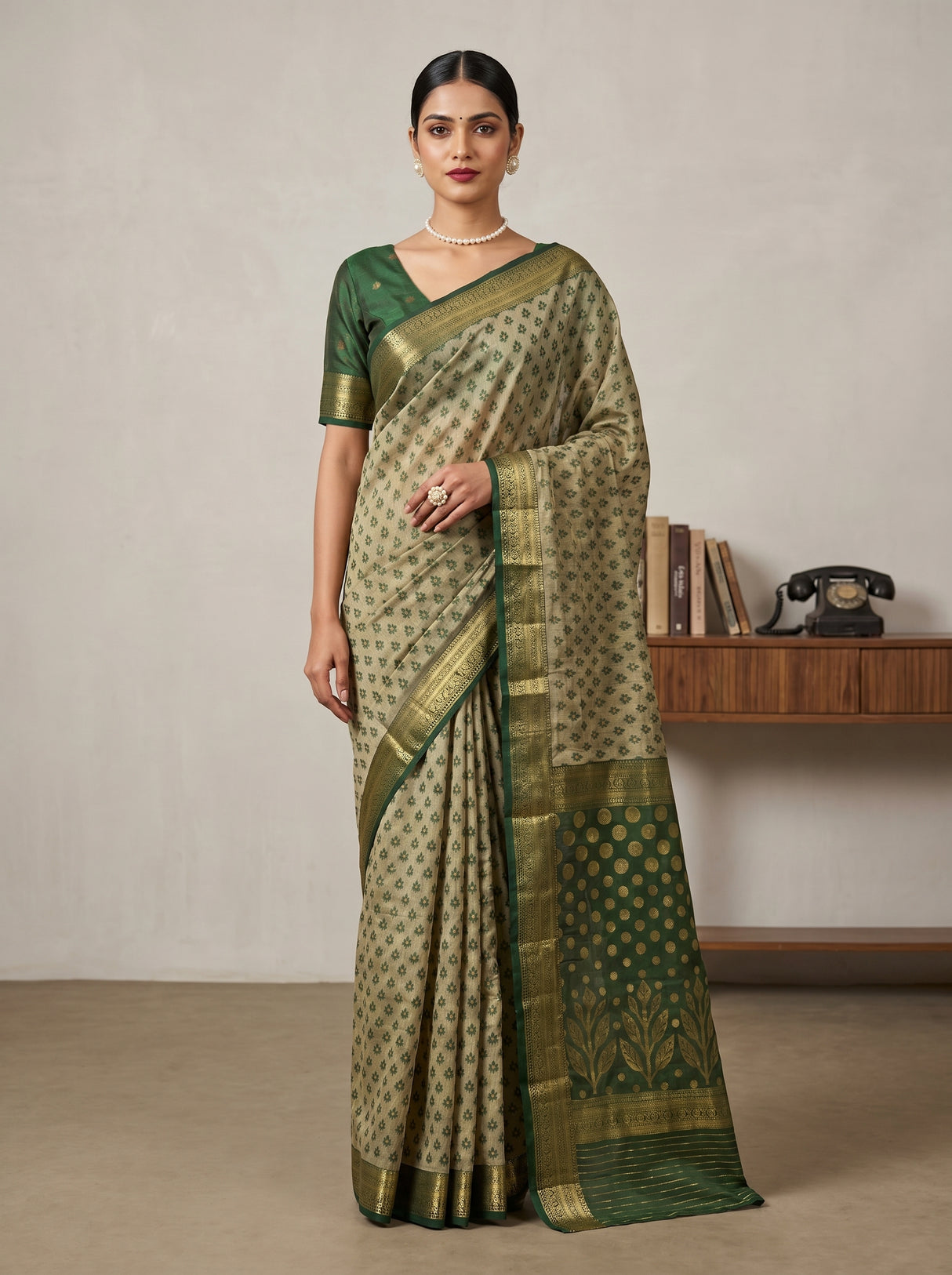 MIMOSA Green Banarasi Art Silk Saree — Draped on mannequin