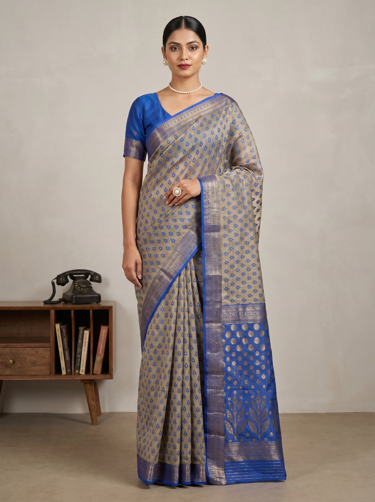 MIMOSA Royal Blue Banarasi Art Silk Saree — Draped on mannequin