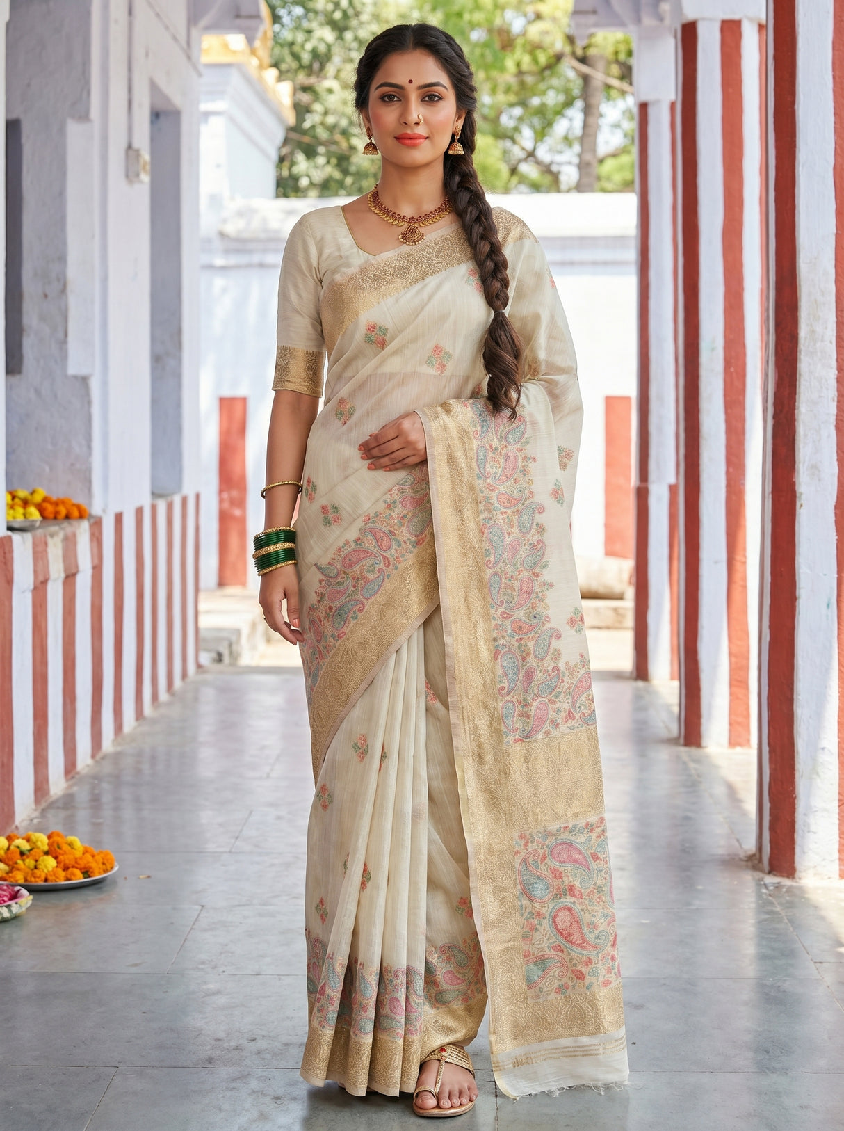 MIMOSA Half White Banarasi Linen Saree — Full view on mannequin