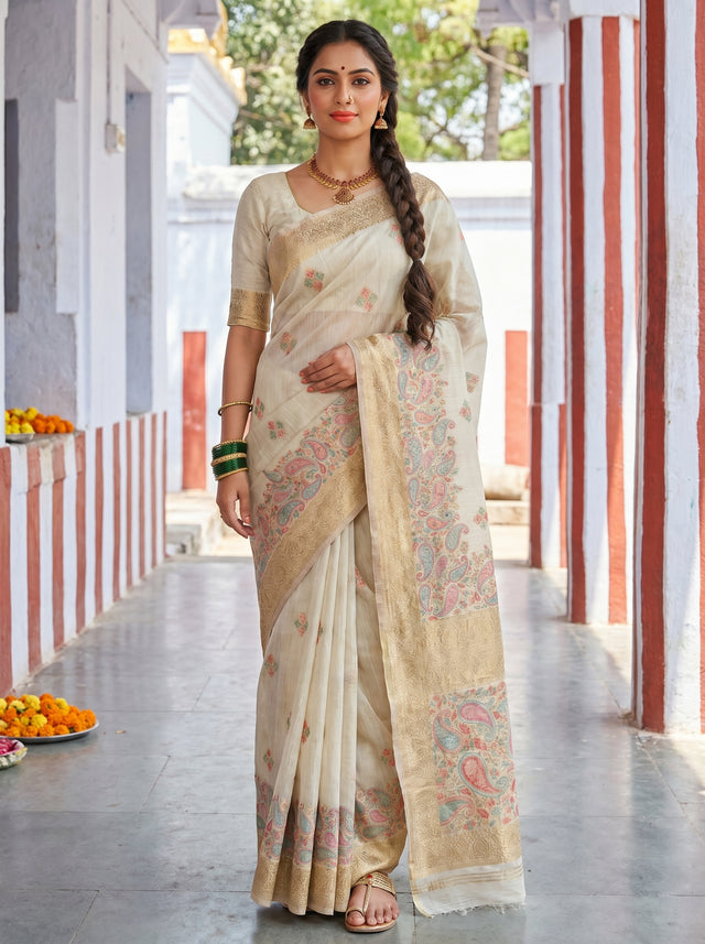 MIMOSA Half White Banarasi Linen Saree — Full view on mannequin