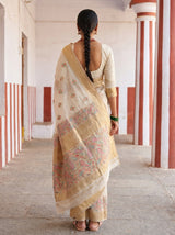 MIMOSA Half White Banarasi Linen Saree — Blouse fabric and border detail