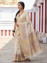 MIMOSA Half White Banarasi Linen Saree — Styled on model in a traditional setting