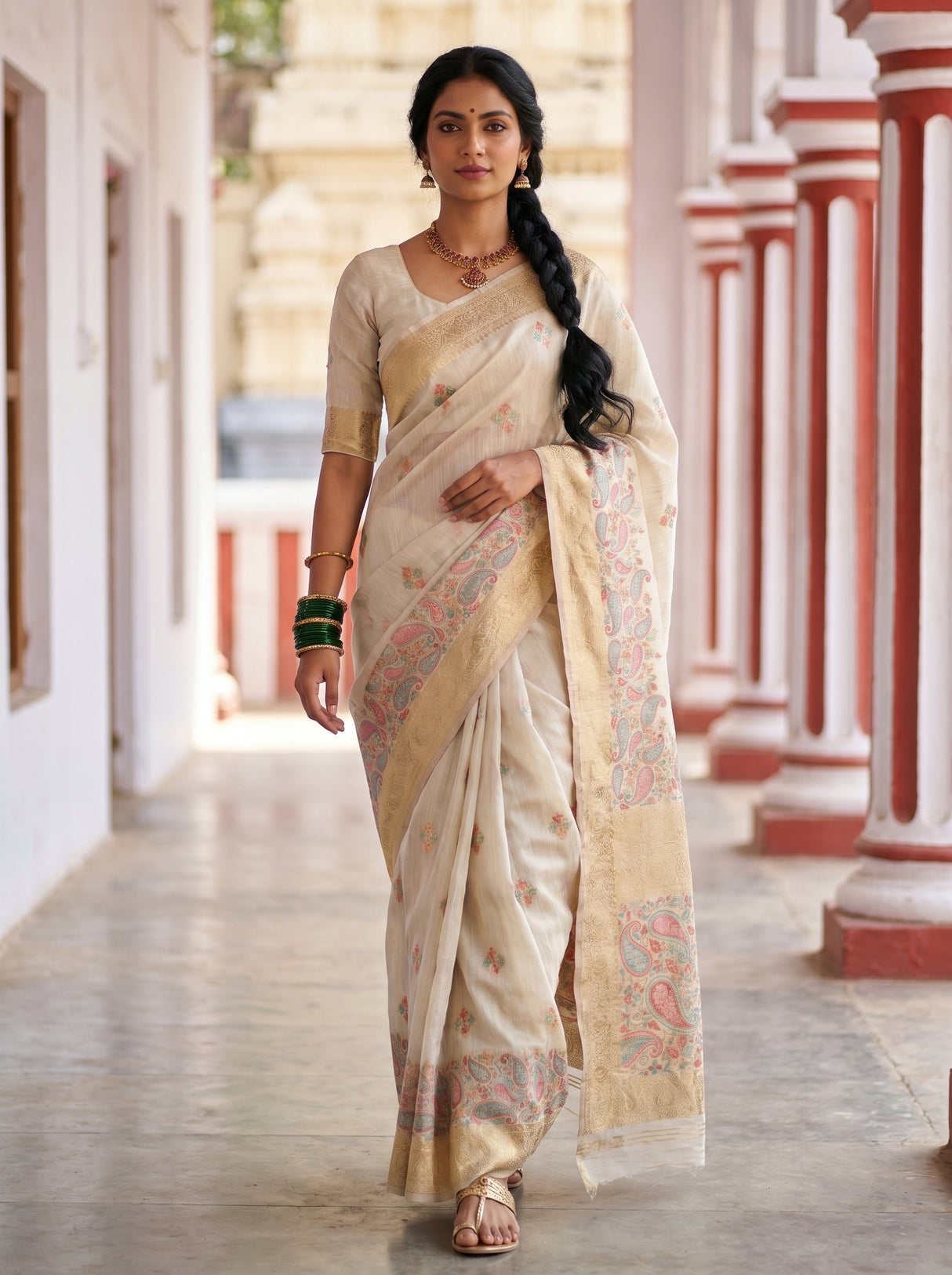 MIMOSA Half White Banarasi Linen Saree — pose 7 styling detail