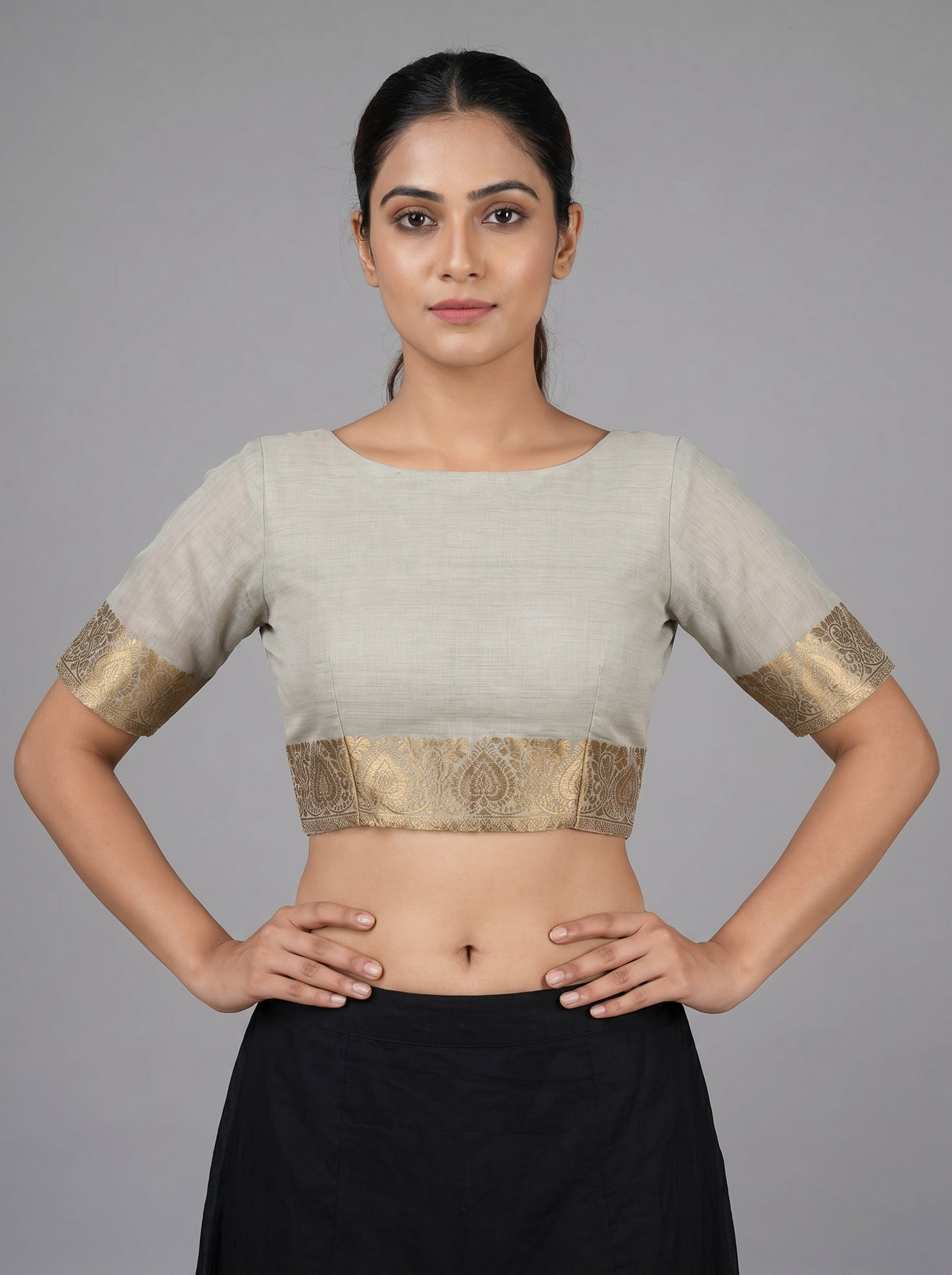 MIMOSA Half White Banarasi Linen Saree — blouse close-up