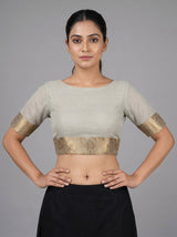 MIMOSA Half White Banarasi Linen Saree — blouse close-up