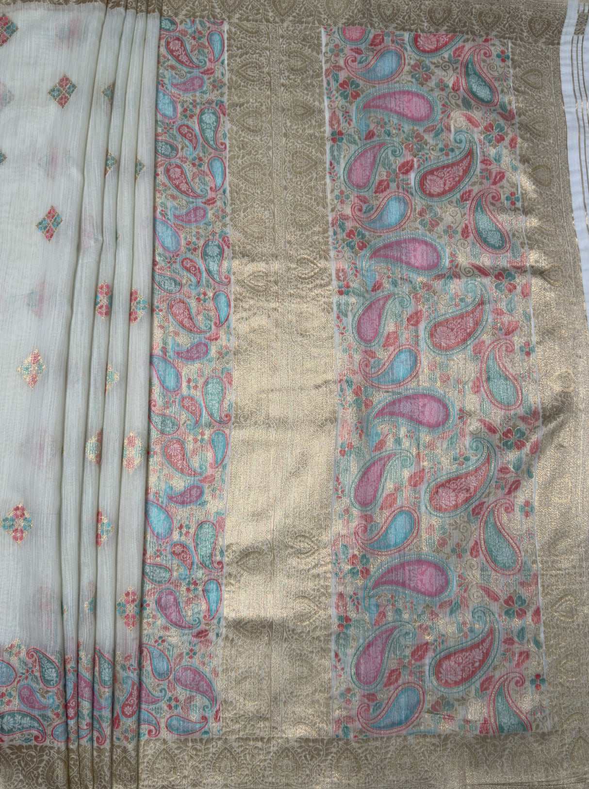 MIMOSA Half White Banarasi Linen Saree — pallu and zari work detail