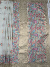 MIMOSA Half White Banarasi Linen Saree — pallu and zari work detail