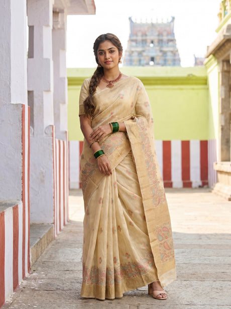 MIMOSA Mustard Banarasi Linen Saree — Full view on mannequin