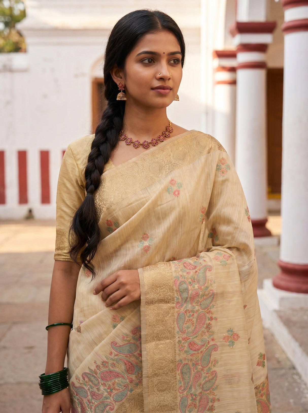 MIMOSA Mustard Banarasi Linen Saree — pose 10 styling detail