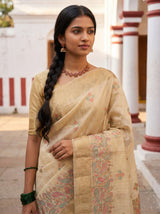 MIMOSA Mustard Banarasi Linen Saree — pose 10 styling detail