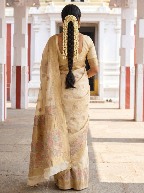 MIMOSA Mustard Banarasi Linen Saree — Blouse fabric and border detail