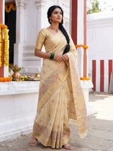 MIMOSA Mustard Banarasi Linen Saree — pose 5 styling detail