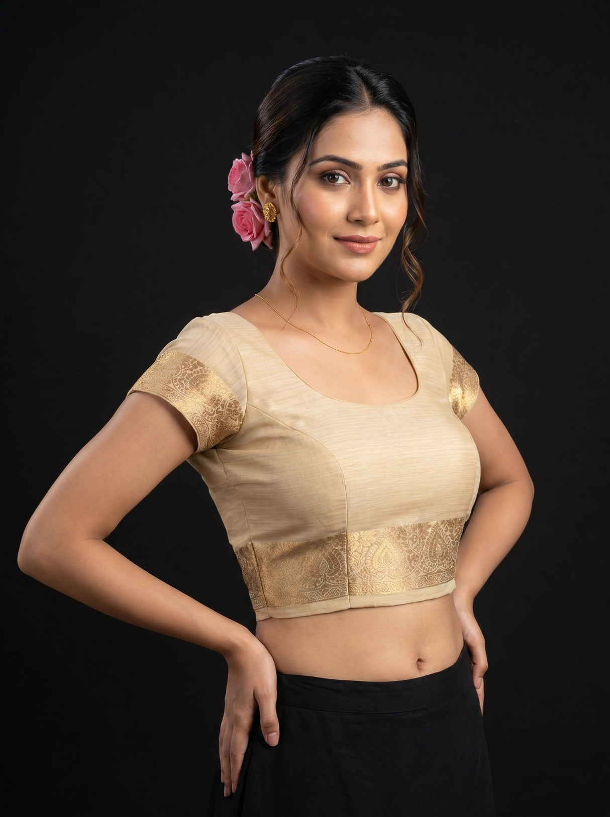 MIMOSA Mustard Banarasi Linen Saree — blouse close-up