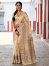 MIMOSA Peach Banarasi Linen Saree — Full view on mannequin