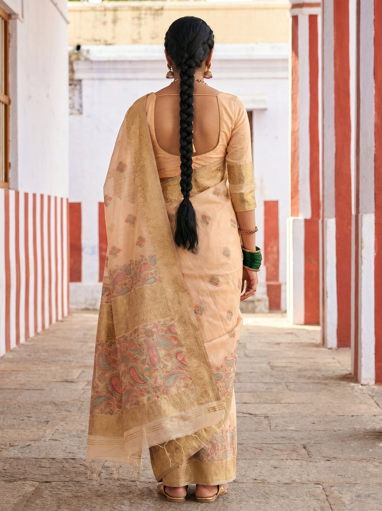 MIMOSA Peach Banarasi Linen Saree — Blouse fabric and border detail