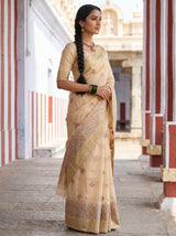 MIMOSA Peach Banarasi Linen Saree — Styled on model in a traditional setting