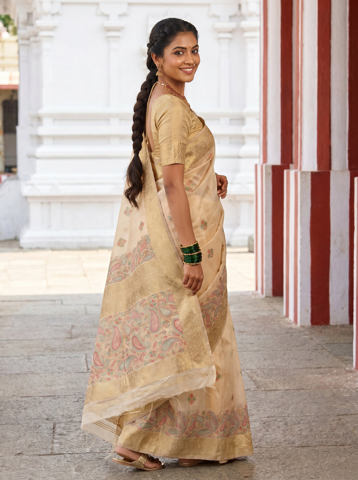 MIMOSA Peach Banarasi Linen Saree — pose 9 styling detail