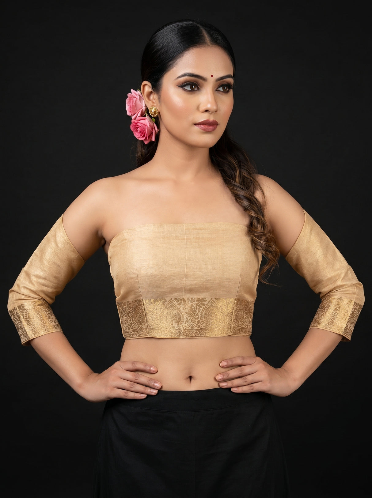 MIMOSA Peach Banarasi Linen Saree — blouse close-up