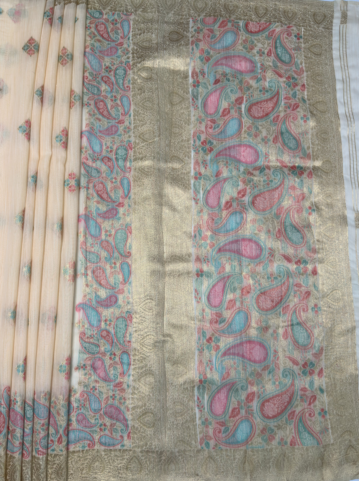 MIMOSA Peach Banarasi Linen Saree — pallu and zari work detail