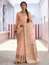 MIMOSA Pink Banarasi Linen Saree — Full view on mannequin