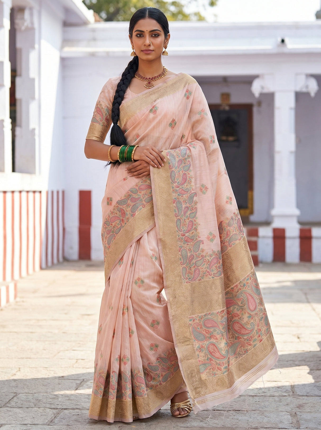 MIMOSA Pink Banarasi Linen Saree — Styled on model in a traditional setting