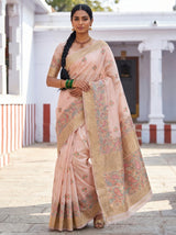 MIMOSA Pink Banarasi Linen Saree — Styled on model in a traditional setting