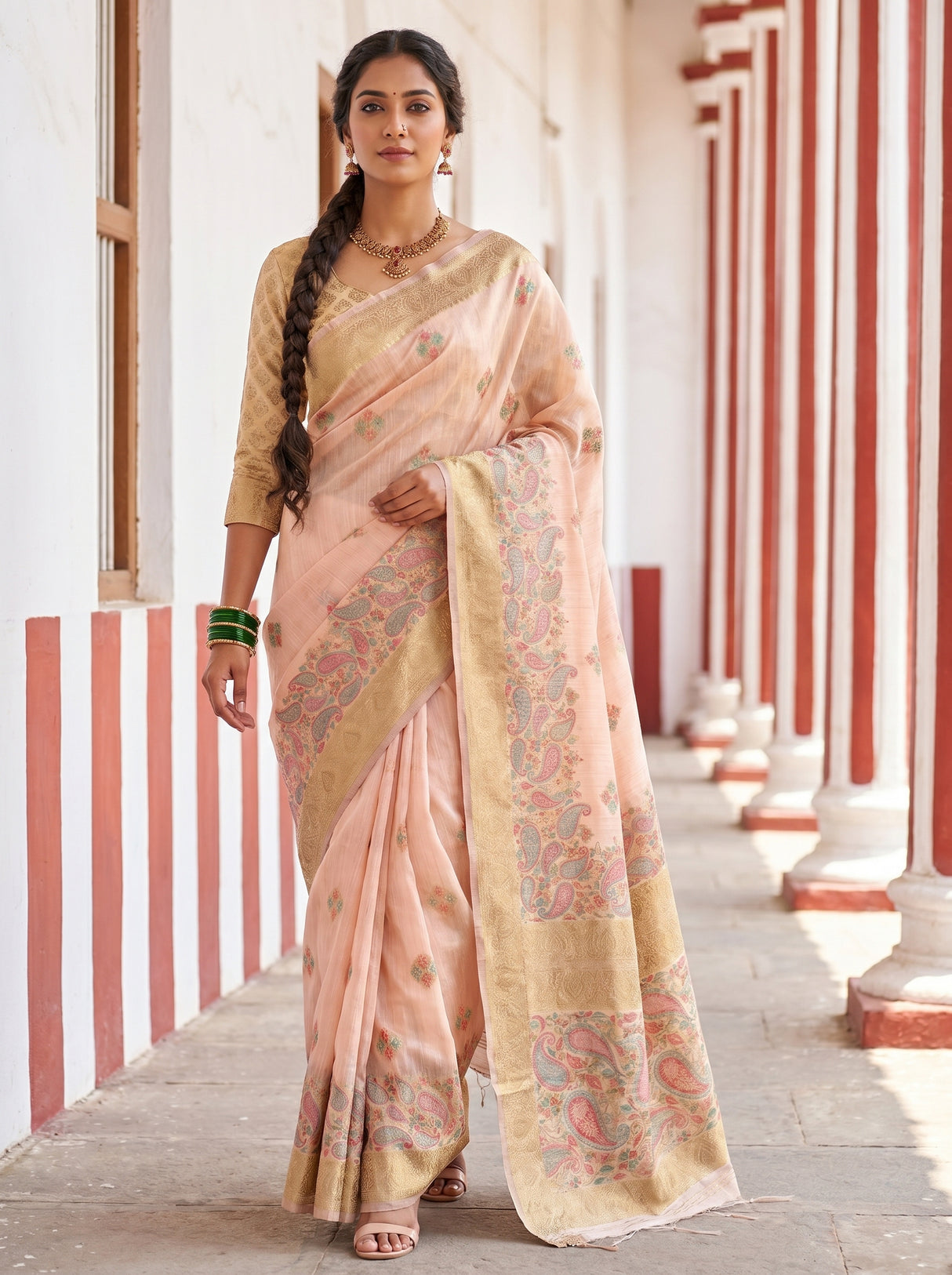 MIMOSA Pink Banarasi Linen Saree — pose 7 styling detail