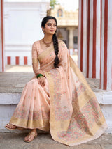MIMOSA Pink Banarasi Linen Saree — pose 8 styling detail