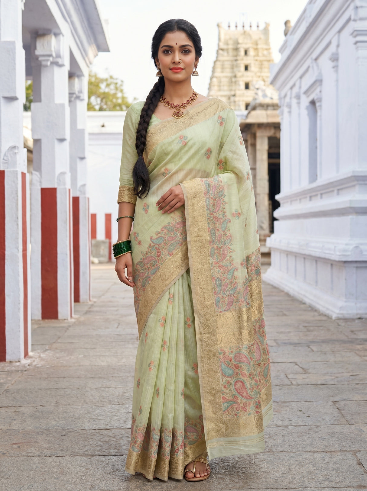 MIMOSA Pista Banarasi Linen Saree — Full view on mannequin