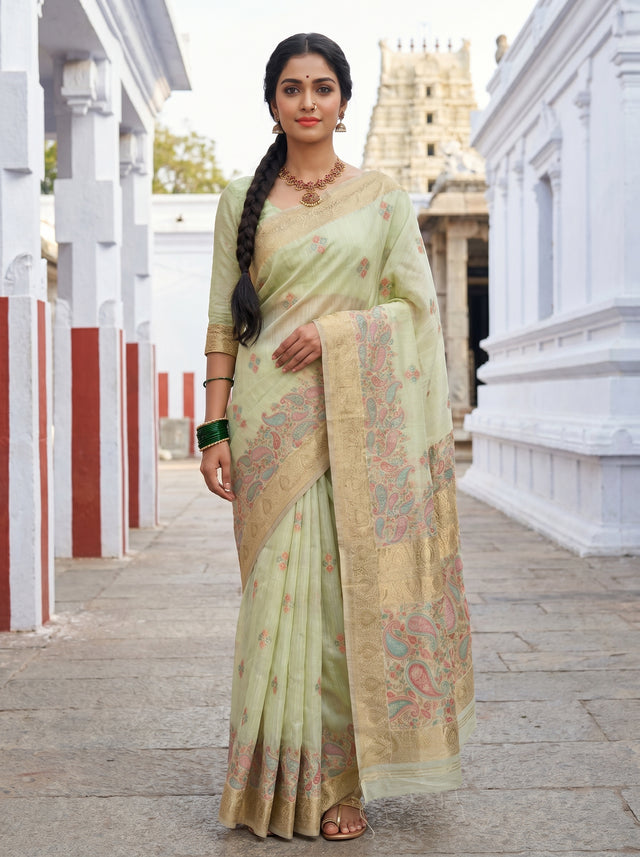 MIMOSA Pista Banarasi Linen Saree — Full view on mannequin