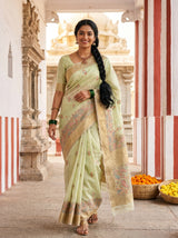 MIMOSA Pista Banarasi Linen Saree — pose 7 styling detail