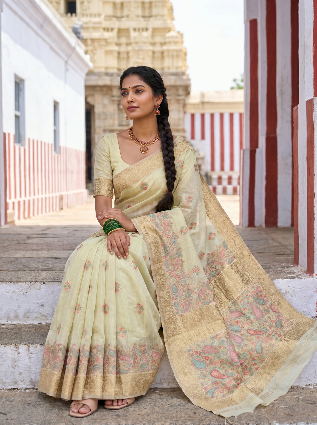 MIMOSA Pista Banarasi Linen Saree — pose 8 styling detail