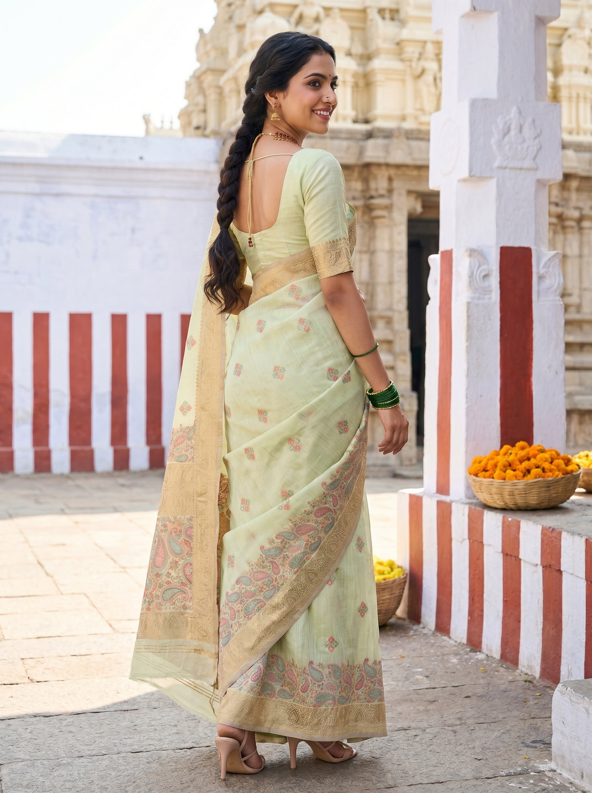 MIMOSA Pista Banarasi Linen Saree — pose 9 styling detail