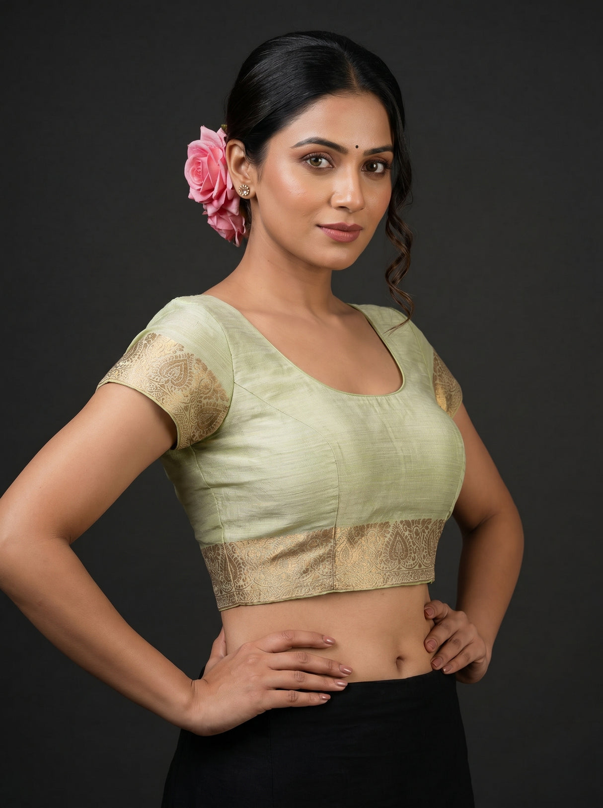 MIMOSA Pista Banarasi Linen Saree — blouse close-up