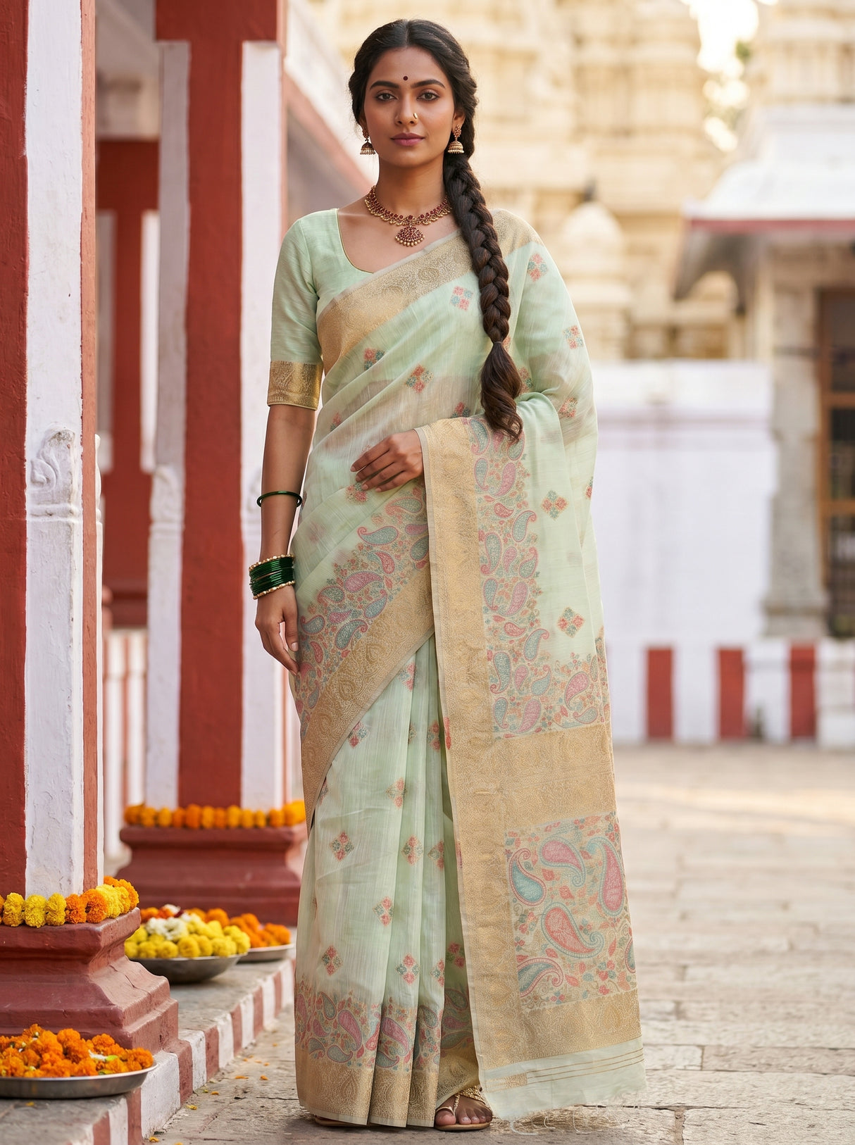 MIMOSA Rama Banarasi Linen Saree — Full view on mannequin