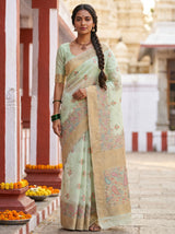 MIMOSA Rama Banarasi Linen Saree — Full view on mannequin