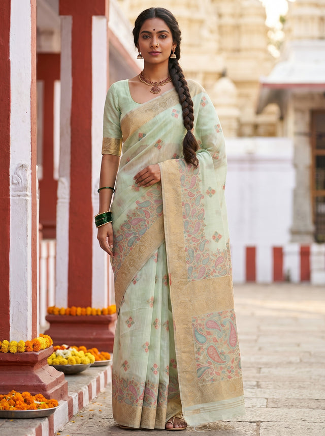 MIMOSA Rama Banarasi Linen Saree — Full view on mannequin