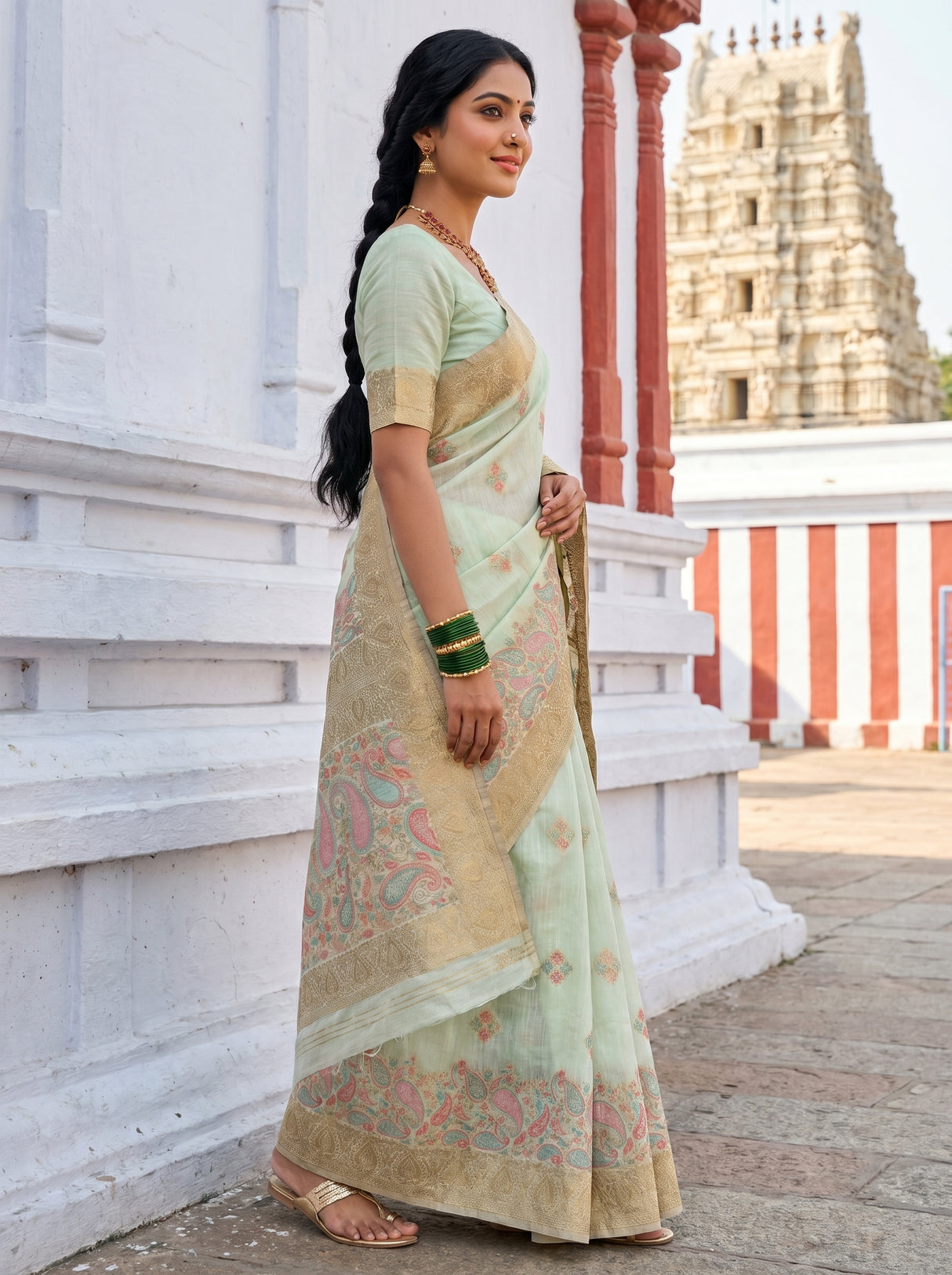 MIMOSA Rama Banarasi Linen Saree — Styled on model in a traditional setting