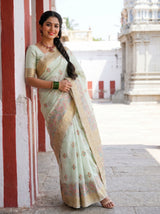 MIMOSA Rama Banarasi Linen Saree — pose 4 styling detail