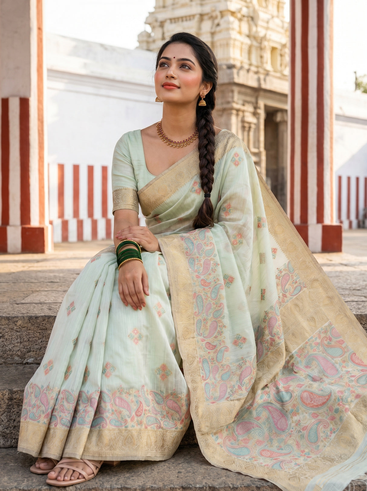 MIMOSA Rama Banarasi Linen Saree — pose 8 styling detail