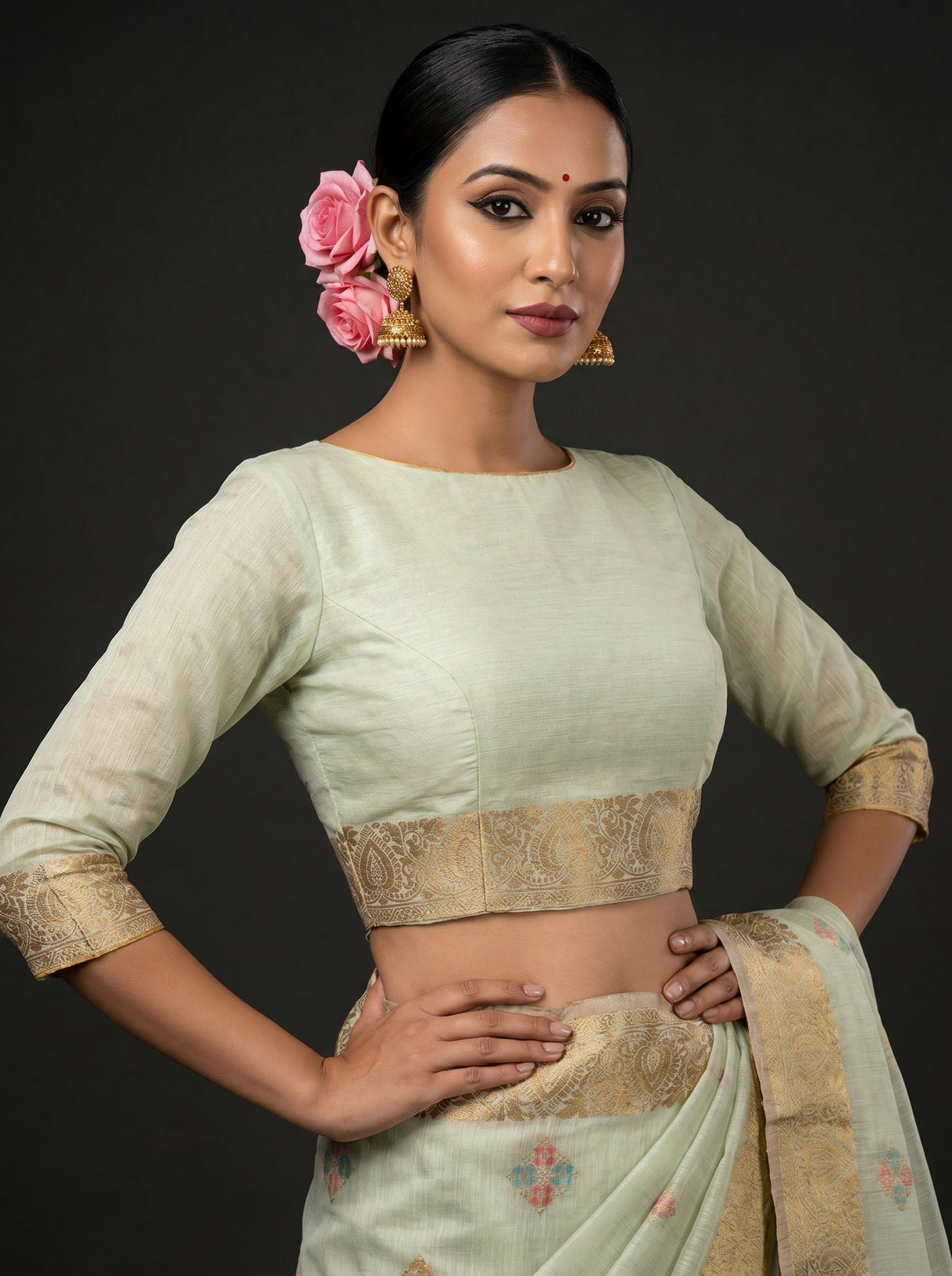 MIMOSA Rama Banarasi Linen Saree — blouse close-up