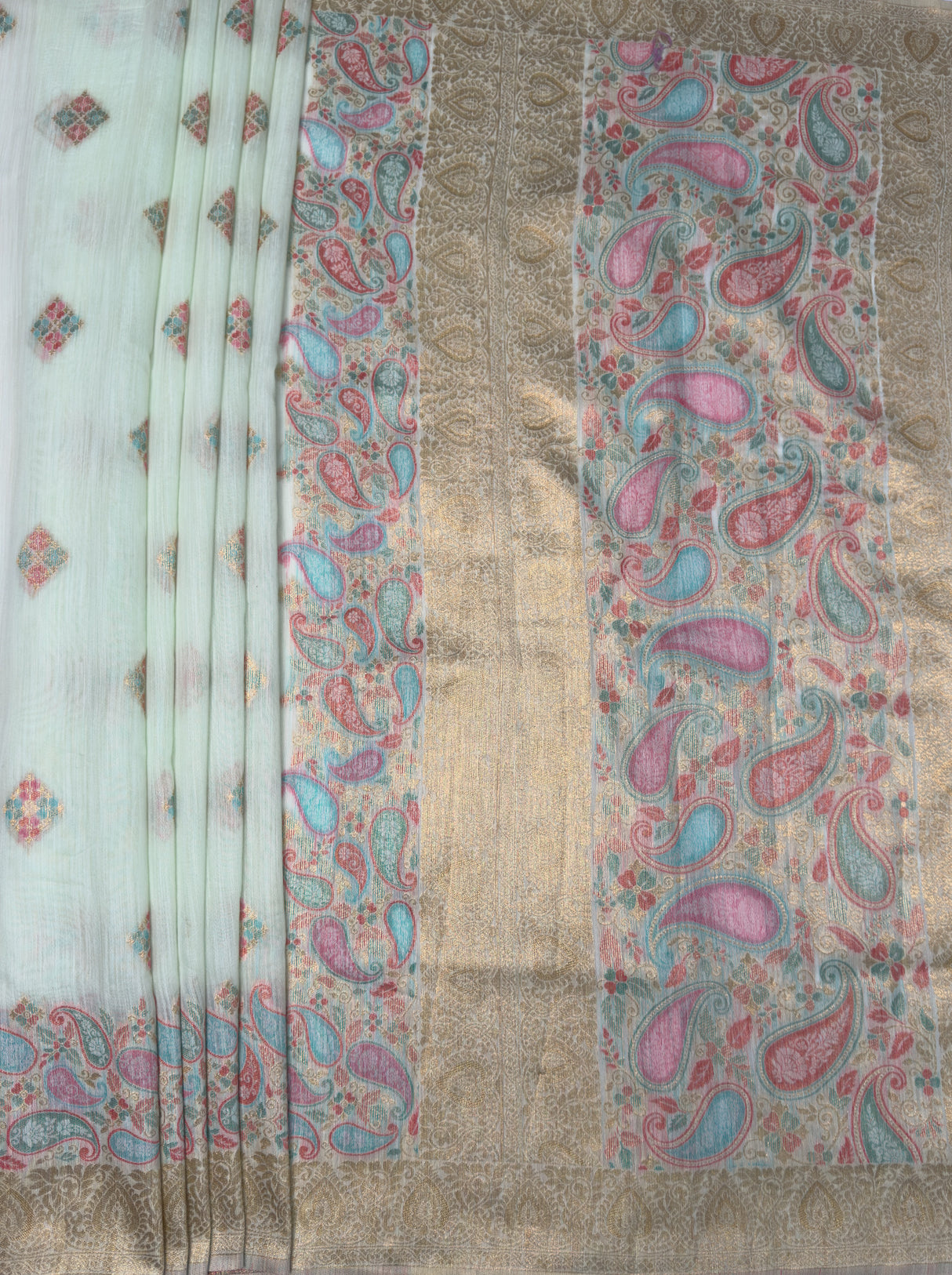 MIMOSA Rama Banarasi Linen Saree — pallu and zari work detail