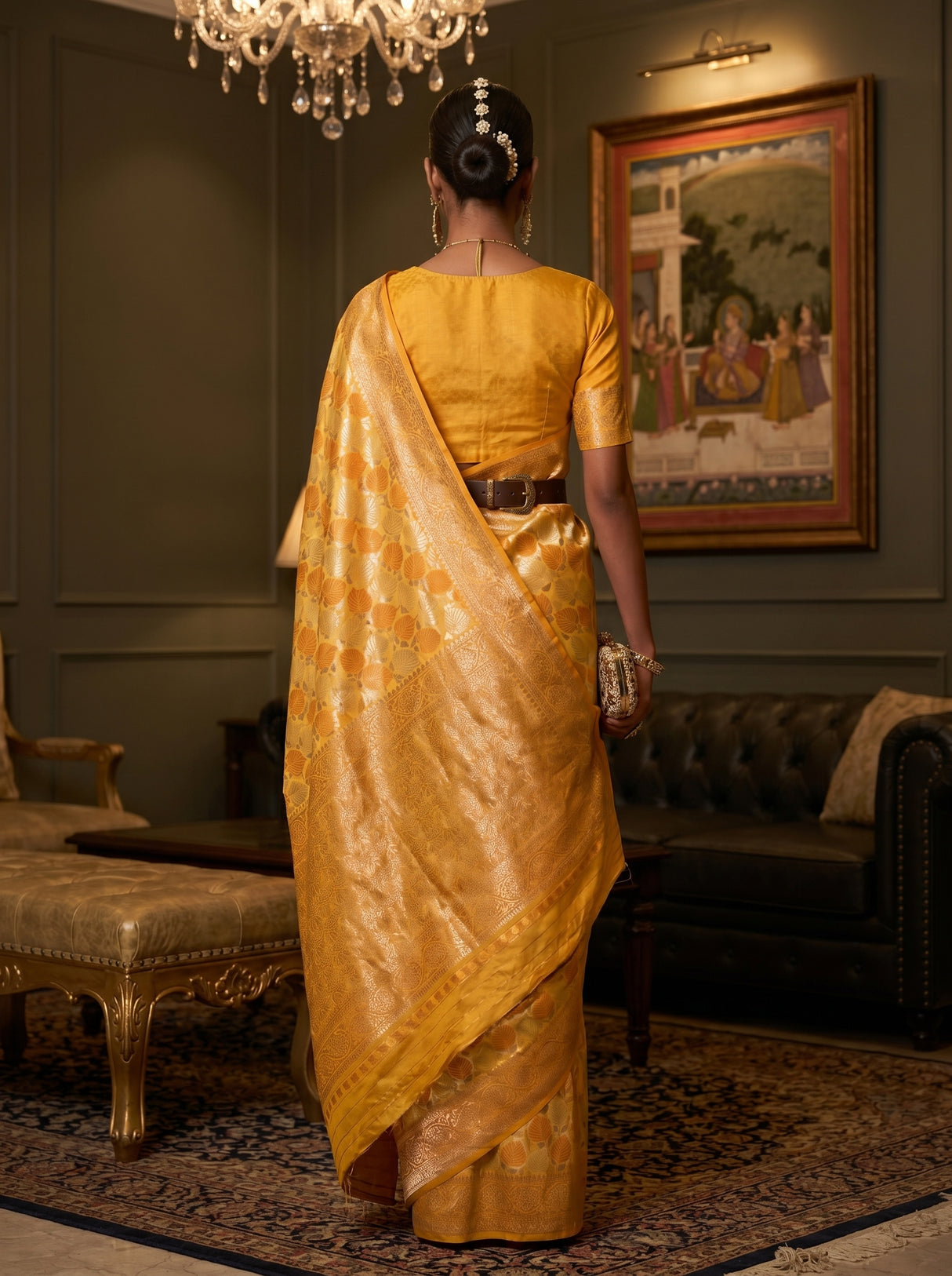 MIMOSA Mustard Kanjivaram Art Silk Saree — Close Up of Face and Earrings
