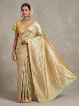 MIMOSA Olive Kanjivaram Art Silk Saree — Close Up of Face and Earrings