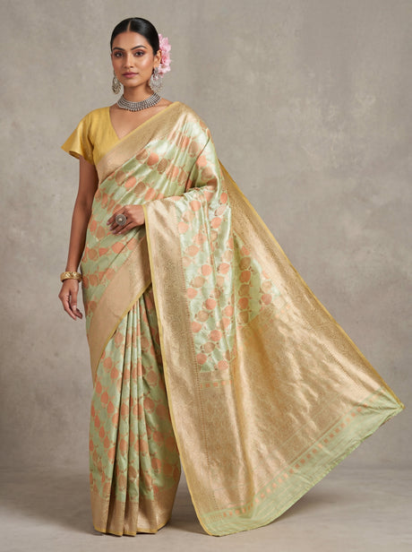 MIMOSA Olive Kanjivaram Art Silk Saree — Close Up of Face and Earrings